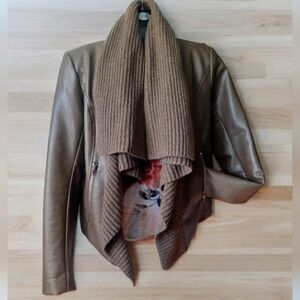Guess Chic Faux Leather Lined Open Front Brown Jacket with Knit Collar